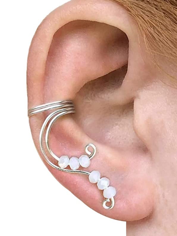 Fantasy-Inspired Fairy Ear Cuff Silver Earring for Non Pierced Elven Fake Cartilage Piercing with Cream White Beads