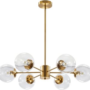 KCO Lighting Modern – Lámpara de araña Sputnik de 6 luces con globo de vidrio transparente, lámpara colgante de techo ajustable de mediados de KCO Lighting Modern – Lámpara de araña Sputnik de 6 luces con globo de vidrio transparente, lámpara colgante de techo ajustable de mediados de