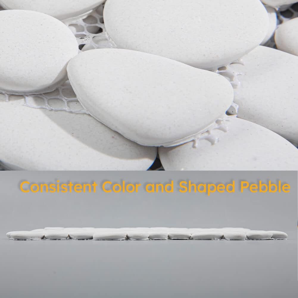 Diflart Azulejos de pared con diseño de guijarros blancos pulidos para cocina, ducha y suelo, paquete de 5 hojas