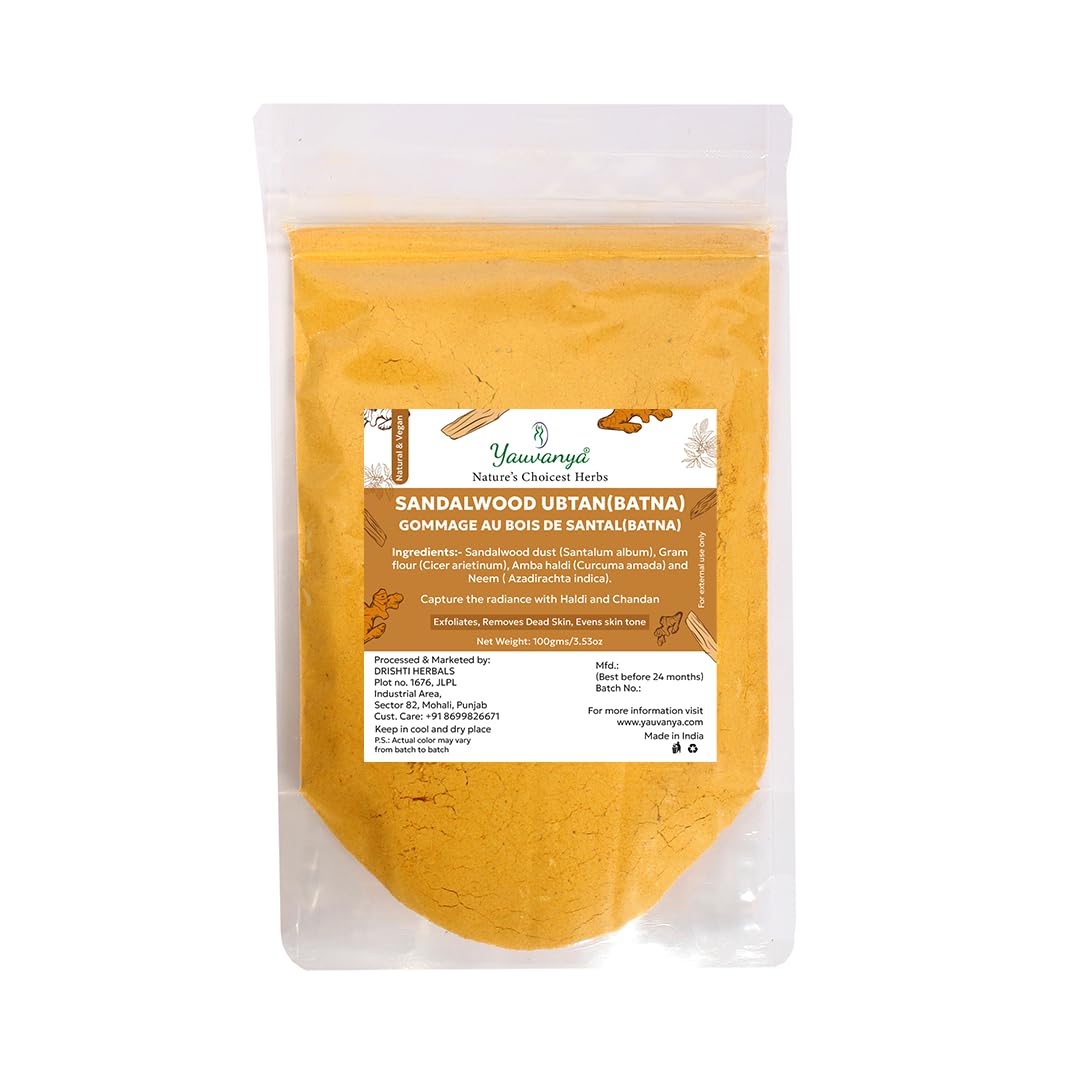 Yauvanya Sándalo Ubtan  Exfoliante facial  Batna con cúrcuma, polvo de sándalo – 3.53 oz