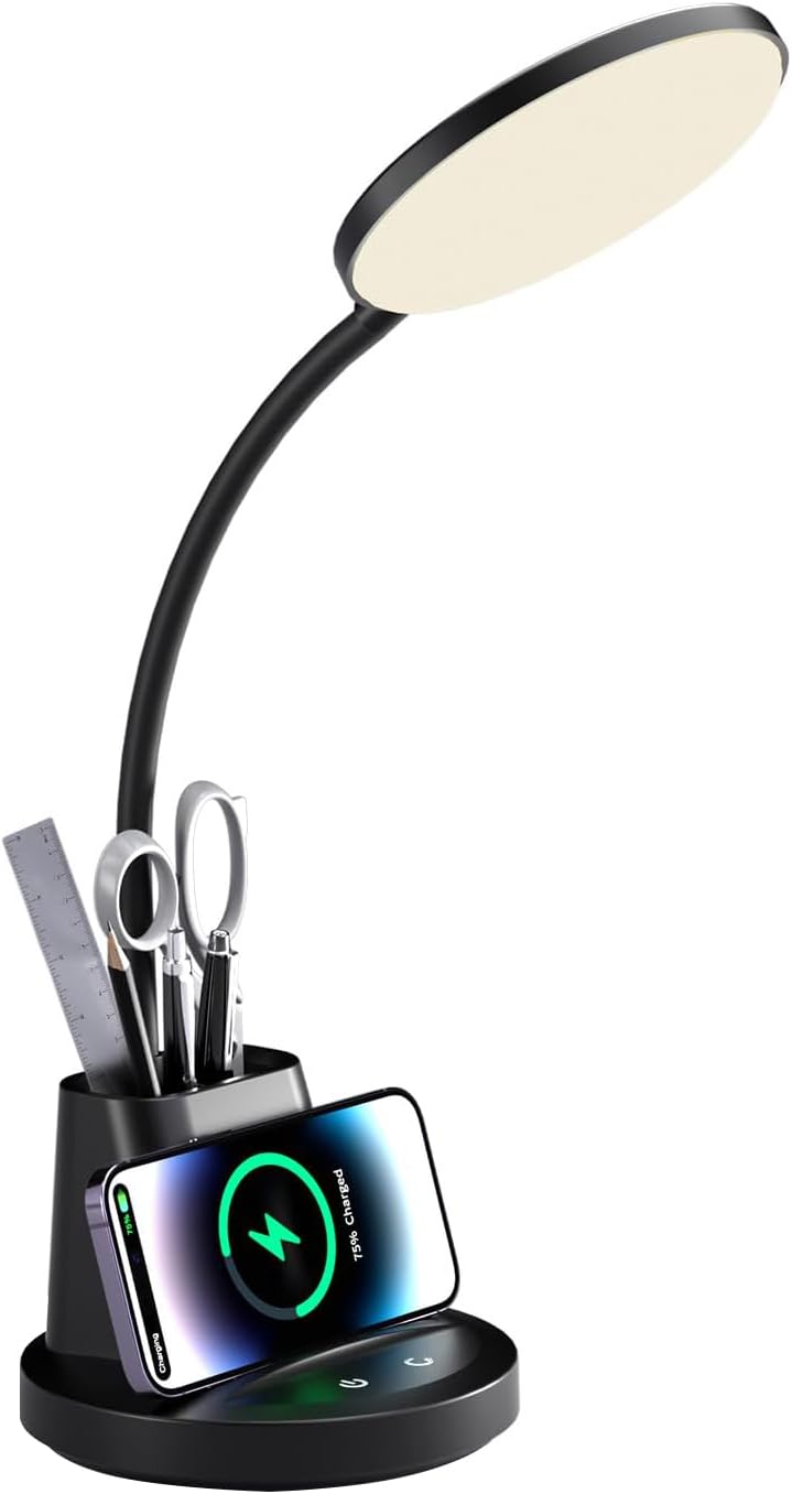 GOLSPARK Lámpara de escritorio con cargador inalámbrico para oficina en casa, lámpara de lectura que cuida los ojos, 3 modos de color, lámpara de