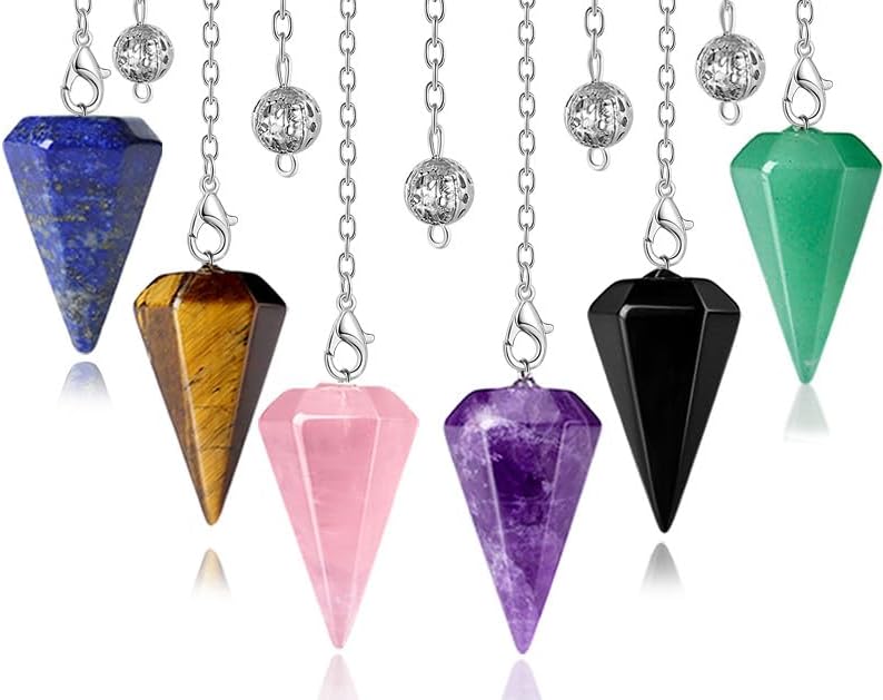 DUQGUHO Juego de 6 piezas de péndulo de cristal, accesorios Wiccan, herramientas de adivinación, cristales curativos naturales, colgantes de piedras