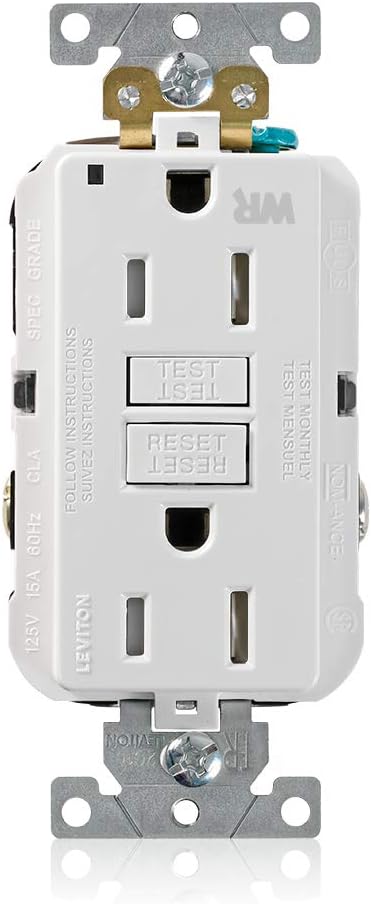 Leviton G5262-WTW 15A-125V Receptáculo GFCI de autocomprobación dúplex de autoprueba, extraresistente, de grado industrial, resistente a la