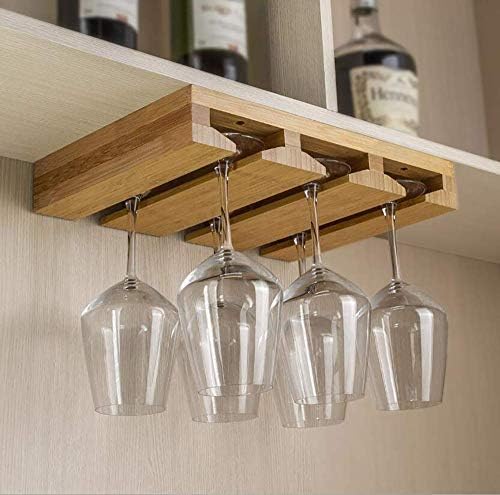 Bamboo Wine Glass Holder, Hold Up to 6 Wine Glasses, Hanging Stemware Display Rack, Under Cabinet Mounted Wine Glass Drying Storage Hanger Organizer