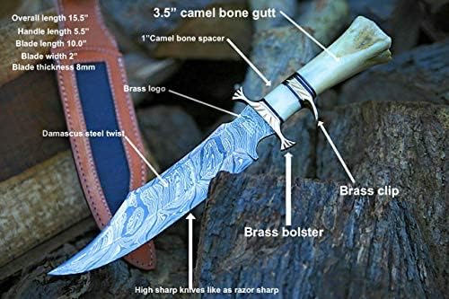 NoonKnives CUCHILLO COLECCIONABLE DE ACERO DAMASCO MANO PERSONALIZADO MANO HUESO DE CAMEL (transparente)