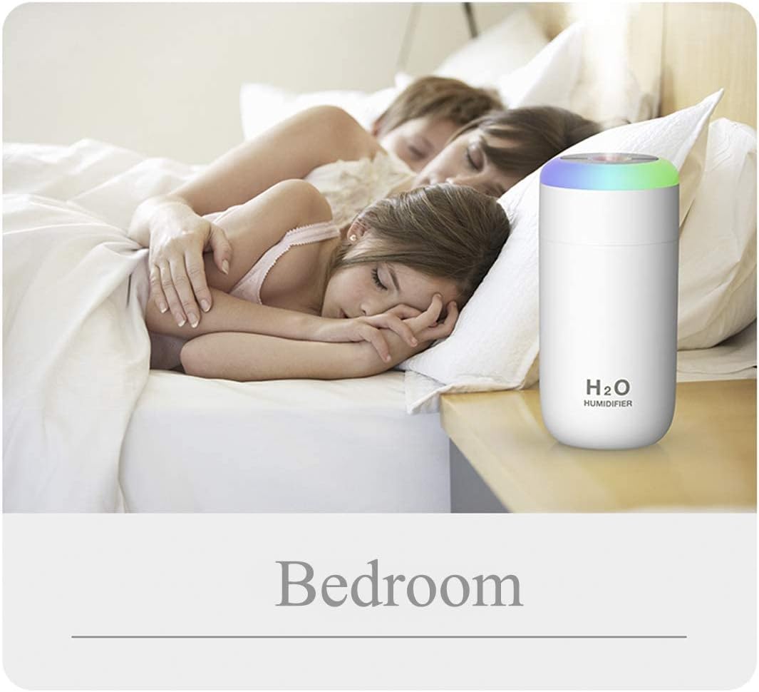 Mini humidificador, humidificador de bebé de 11.8 fl oz para dormitorio, humidificador de niebla fría para bebé, humidificador LED con luz nocturna,
