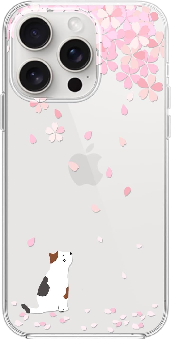 Blingy’s Funda para iPhone 15 Pro, lindo estilo de gato con patrón de flor de cerezo, divertido diseño de animales de dibujos animados, funda