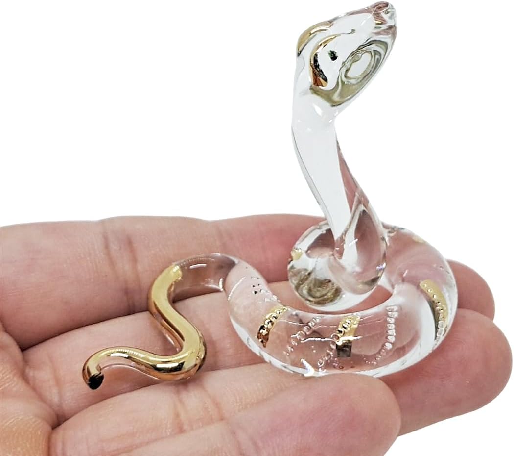 Pequeña figura de serpiente de cristal con cabeza de elevación de oro transparente de 2 pulgadas de largo, arte de animales coleccionables,