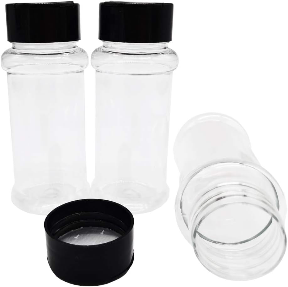 OJYUDD Paquete de 16 botellas de plástico para especias de 3.4 onzas, recipientes vacíos con tapa negra, recipientes transparentes reutilizables