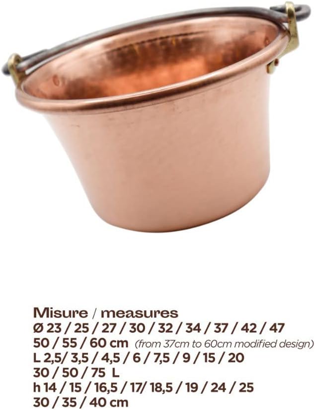 Olla de cobre Polenta Made In Italy  12.5 pulgadas  7.9 cuartos de galón  Maceta tradicional  Hecho a mano  Mango arqueado de hierro forjado  Fondo