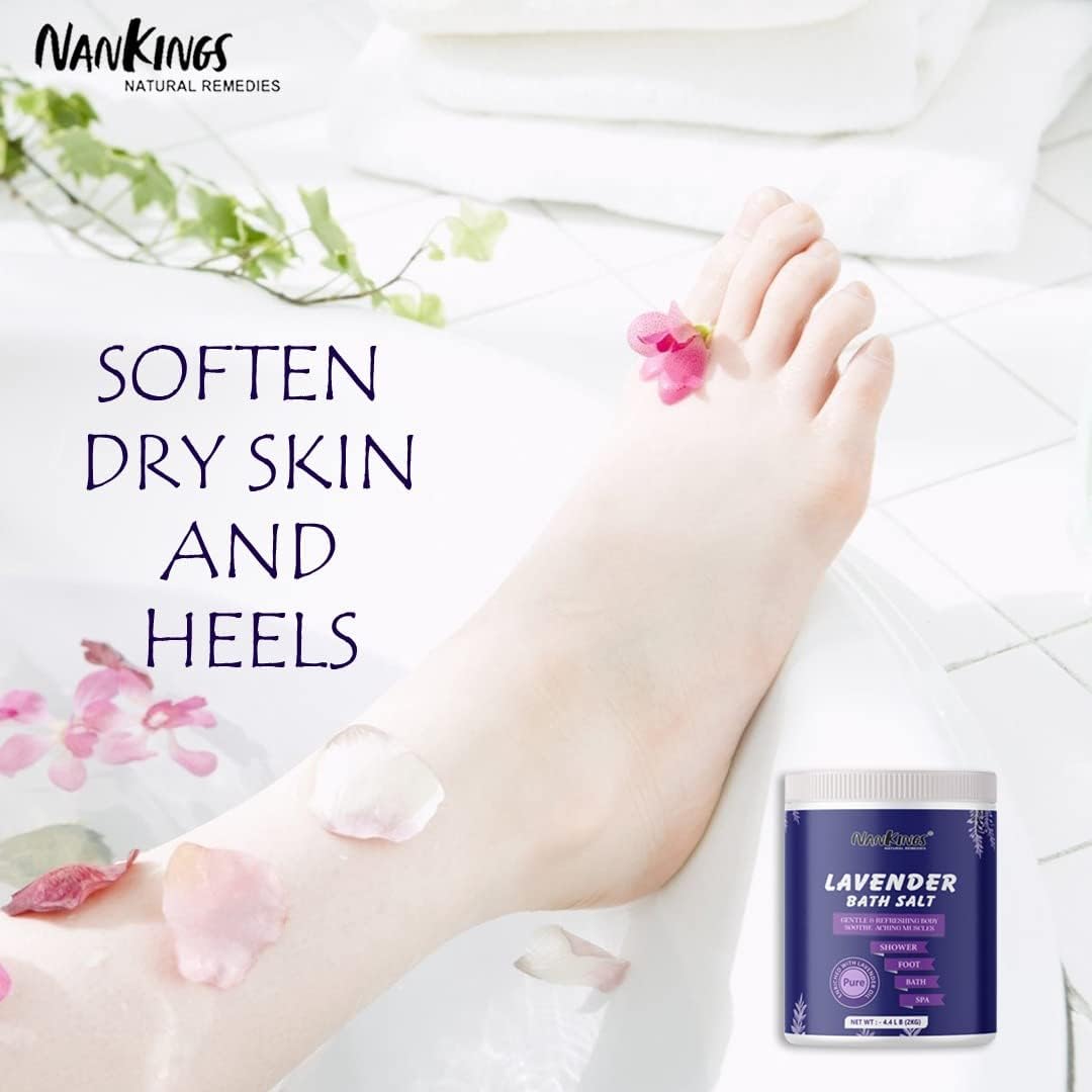 Baño de lavanda y remojo de pies 4.4 libras enriquecido con sal de Epsom  Aceite esencial de lavanda  Aceite de oliva y aceite de coco,