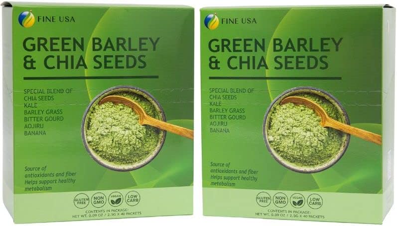 FINE USA Jugo de hierba de cebada verde en polvo con semillas de chía de Japón  Mezcla de verduras con col rizada, aojiru, calabaza amarga