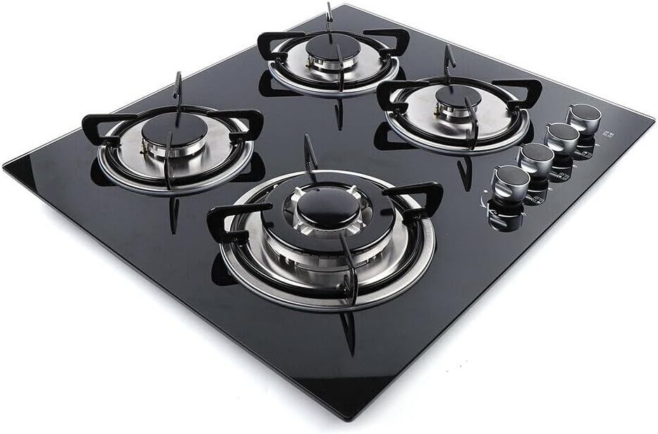 Placa de cocina de gas de 23 pulgadas, estufa de gas incorporada, 4 quemadores, estufa de acero inoxidable, quemadores de vidrio templado negro,