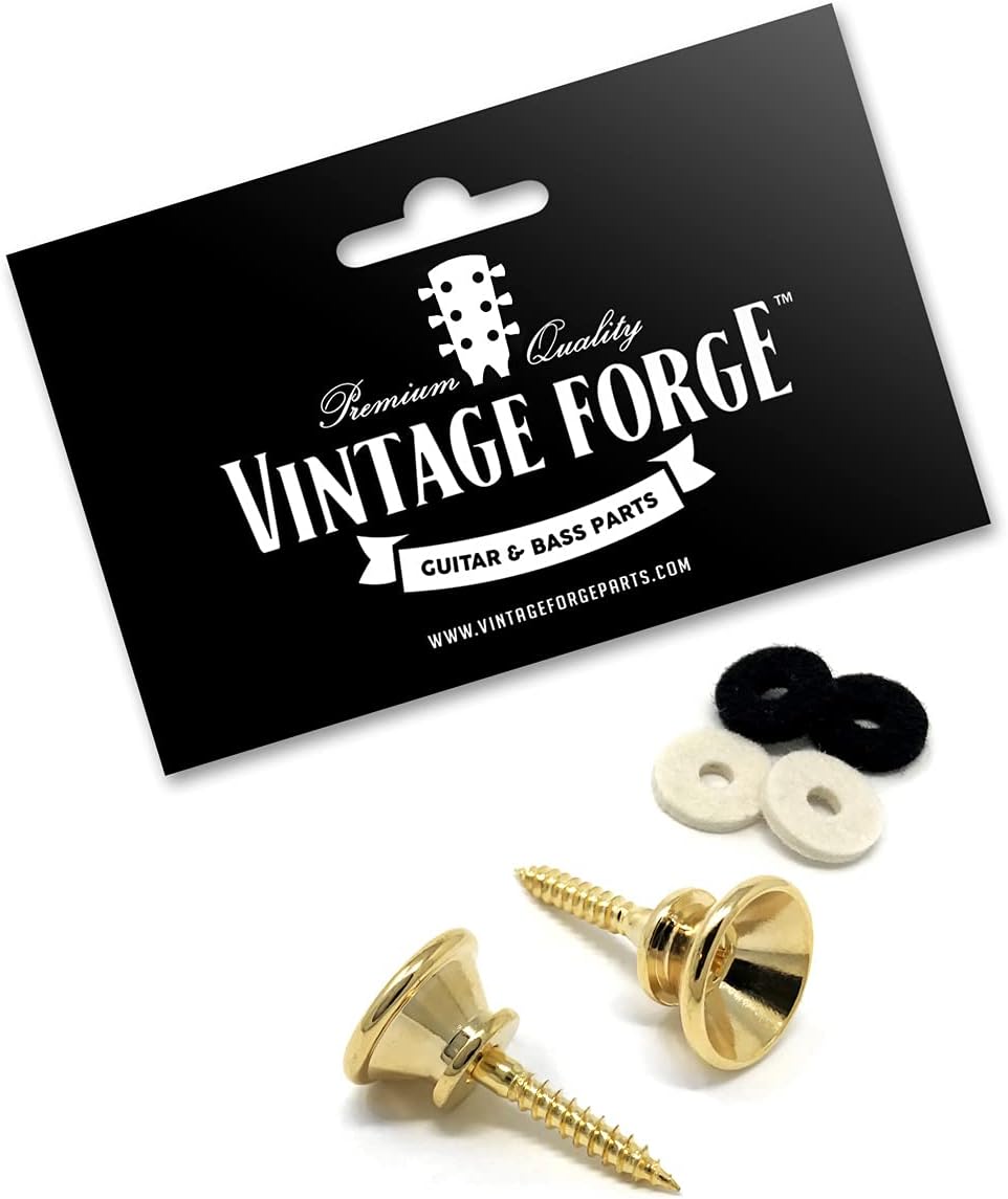 Vintage Forge Guitar Strap Buttons Gold Oversized Large 17mm Universal Fit for Acoustic and Electric Guitar and Bass (2) with Screws and Felt