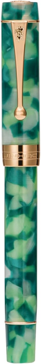 Jinhao – Pluma estilográfica clásica con borde dorado de mármol verde, punta M con convertidor y estuche para bolígrafos