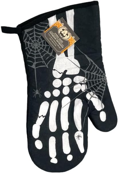 D.R.E.LLC – Juego de guantes de horno y soportes para ollas de esqueleto de Halloween, decoración de cocina de Halloween, accesorios de cocina de
