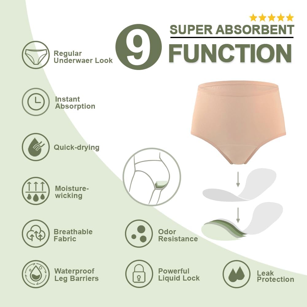 Battewa Ropa interior para incontinencia para mujer, lavable, a prueba de fugas, ropa interior de algodón de cintura alta de 1.7 fl oz para fugas de