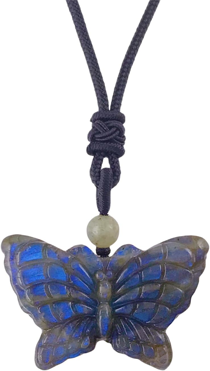 EDEN’S CALL Collar con colgante de piedra de cristal natural, cordón negro ajustable, collar de mariposa de cuarzo tallado