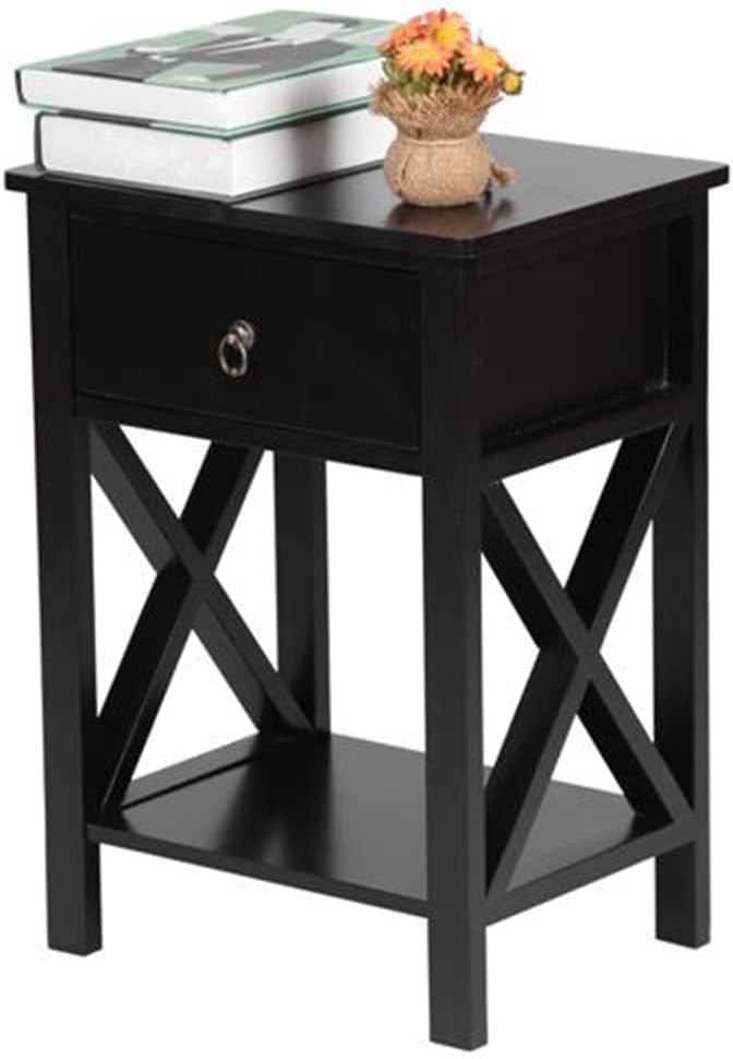 Mesita de noche negra con cajón y 1 estante de almacenamiento, mesa auxiliar pequeña, mesita de noche de madera moderna con 1 cajón y