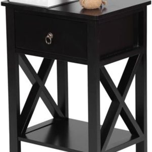 Mesita de noche negra con cajón y 1 estante de almacenamiento, mesa auxiliar pequeña, mesita de noche de madera moderna con 1 cajón y Mesita de noche negra con cajón y 1 estante de almacenamiento, mesa auxiliar pequeña, mesita de noche de madera moderna con 1 cajón y
