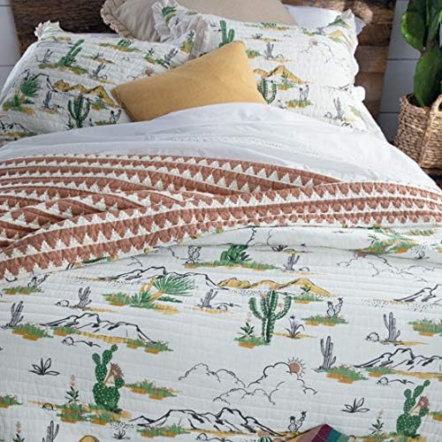 Cactus vintage (juego de edredón) con volantes de escena de montaña del desierto, verde, amarillo, dorado, terracota, óxido, marrón, blanco, juego