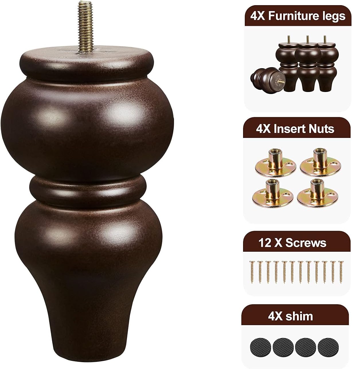 Patas de madera para muebles de 6 pulgadas, paquete de 4, patas redondas para sofá, patas de escritorio de mediados de siglo, piezas de repuesto