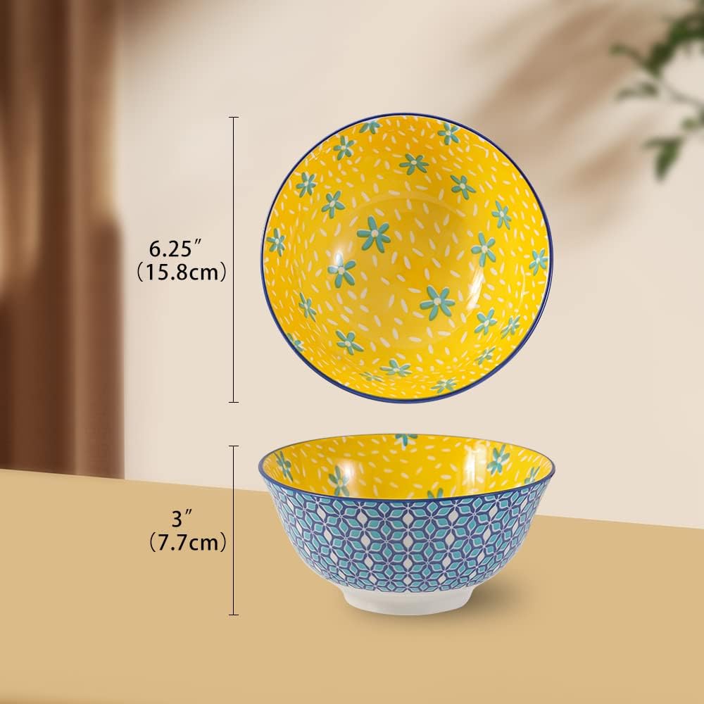 Juego de cuencos de porcelana para cereales, cuencos de cerámica para cocina, de 23 onzas, 6 juegos de cuencos coloridos con patrones lindos –
