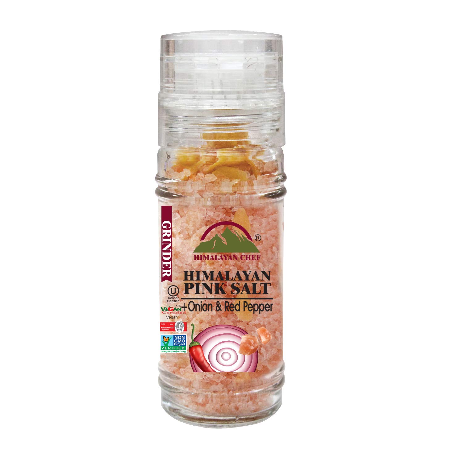 Himalayan Chef Cebolla y pimiento rojo con sal del Himalaya, molinillo de vidrio, 3.5 onzas, cebolla asada (5327C)
