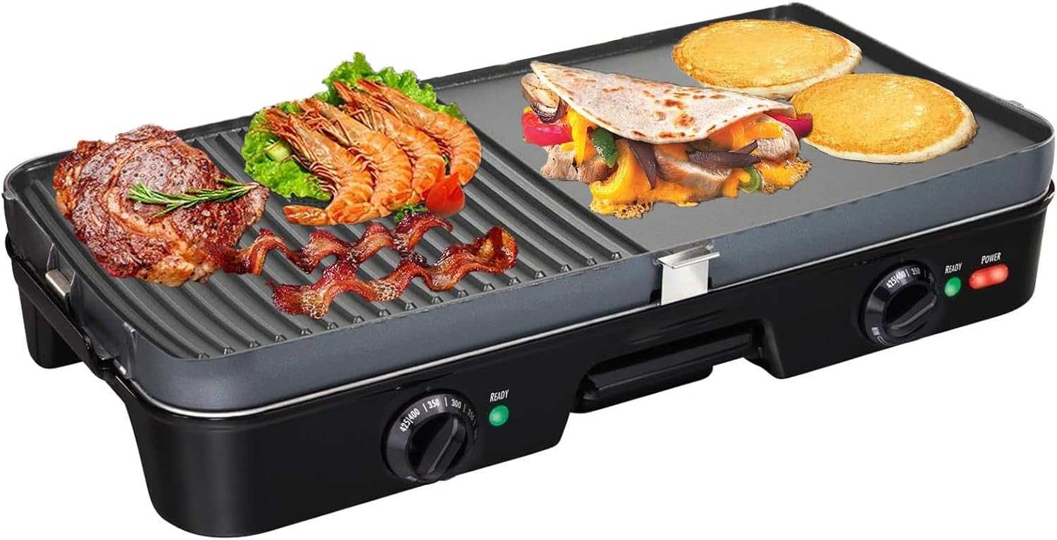 Parrilla eléctrica antiadherente 3 en 1+plancha interior