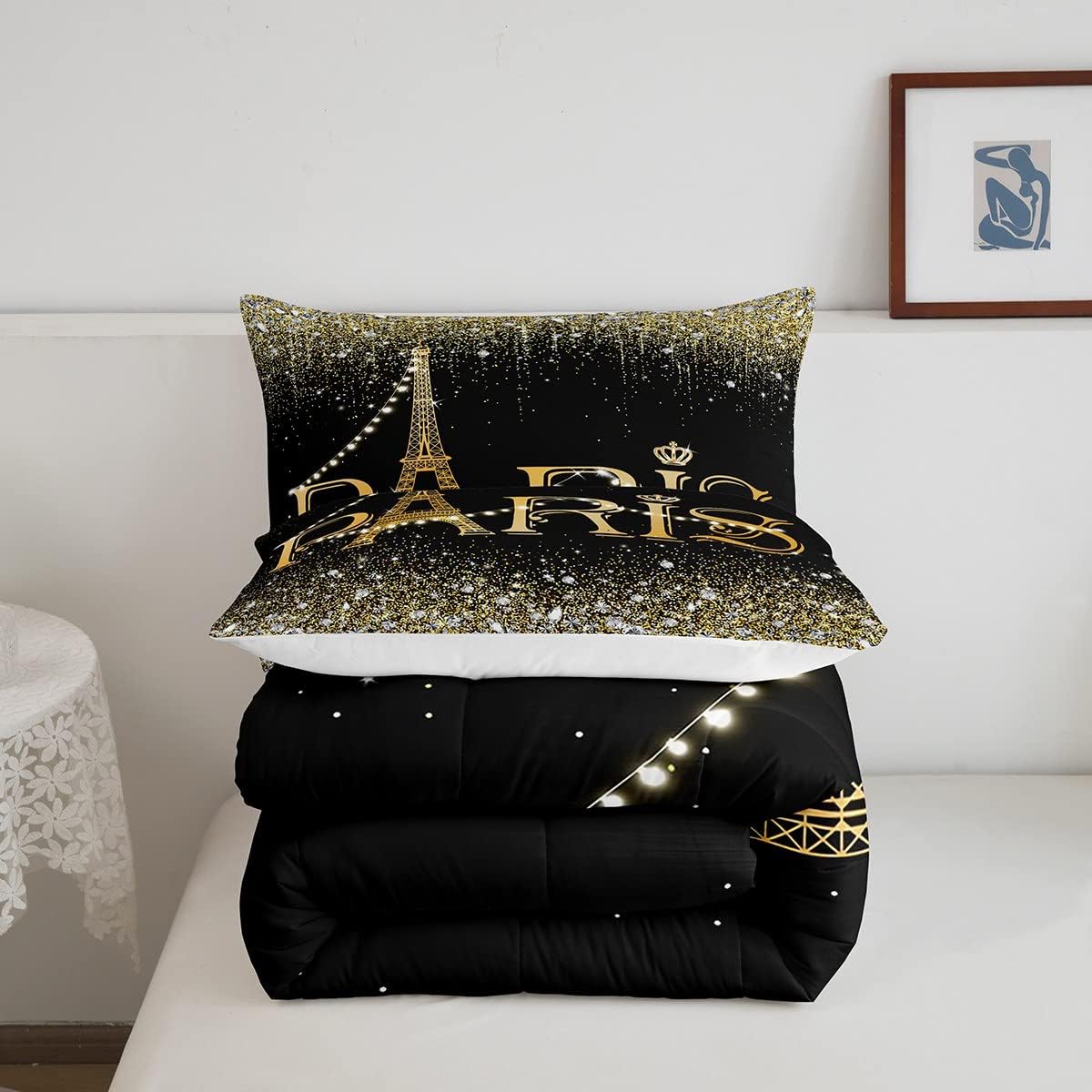 Juego de ropa de cama de París negro y dorado para mujer, juego de edredón de torre Eiffel con purpurina femenina para regalo del día de San