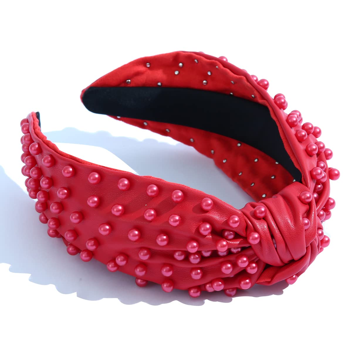 FEDANS Diadema con nudos nacarados para mujer, color rojo, de lujo, con cuentas de cuero, adornado, banda para el pelo elegante de moda