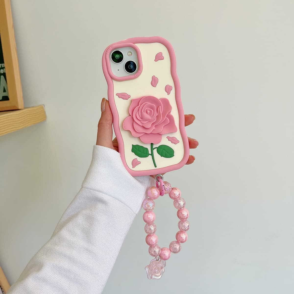 Funda para iPhone 11, linda funda 3D Kawaii para teléfono, diseño divertido de rosas y flores de dibujos animados con correa de mano, funda de