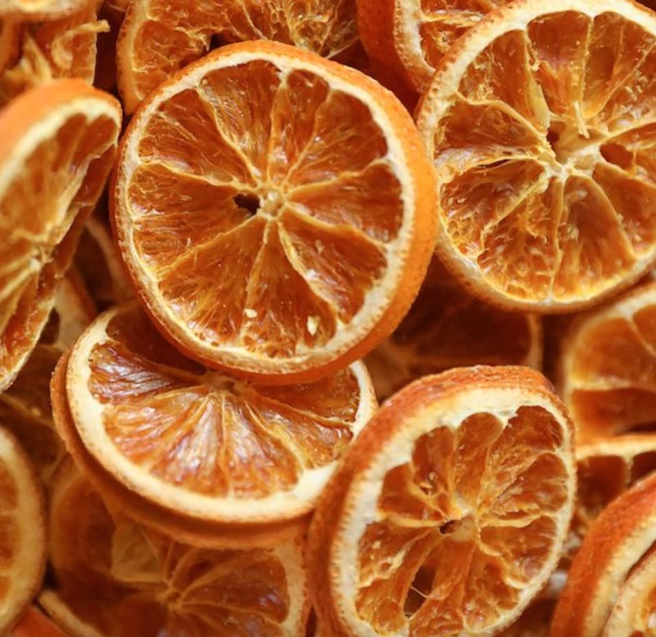 Ruedas de rodajas de naranja seca deshidratada  Aproximadamente 17 rebanadas  100% natural  Sin azúcar  Sin gluten  Ruedas de naranja deshidratadas