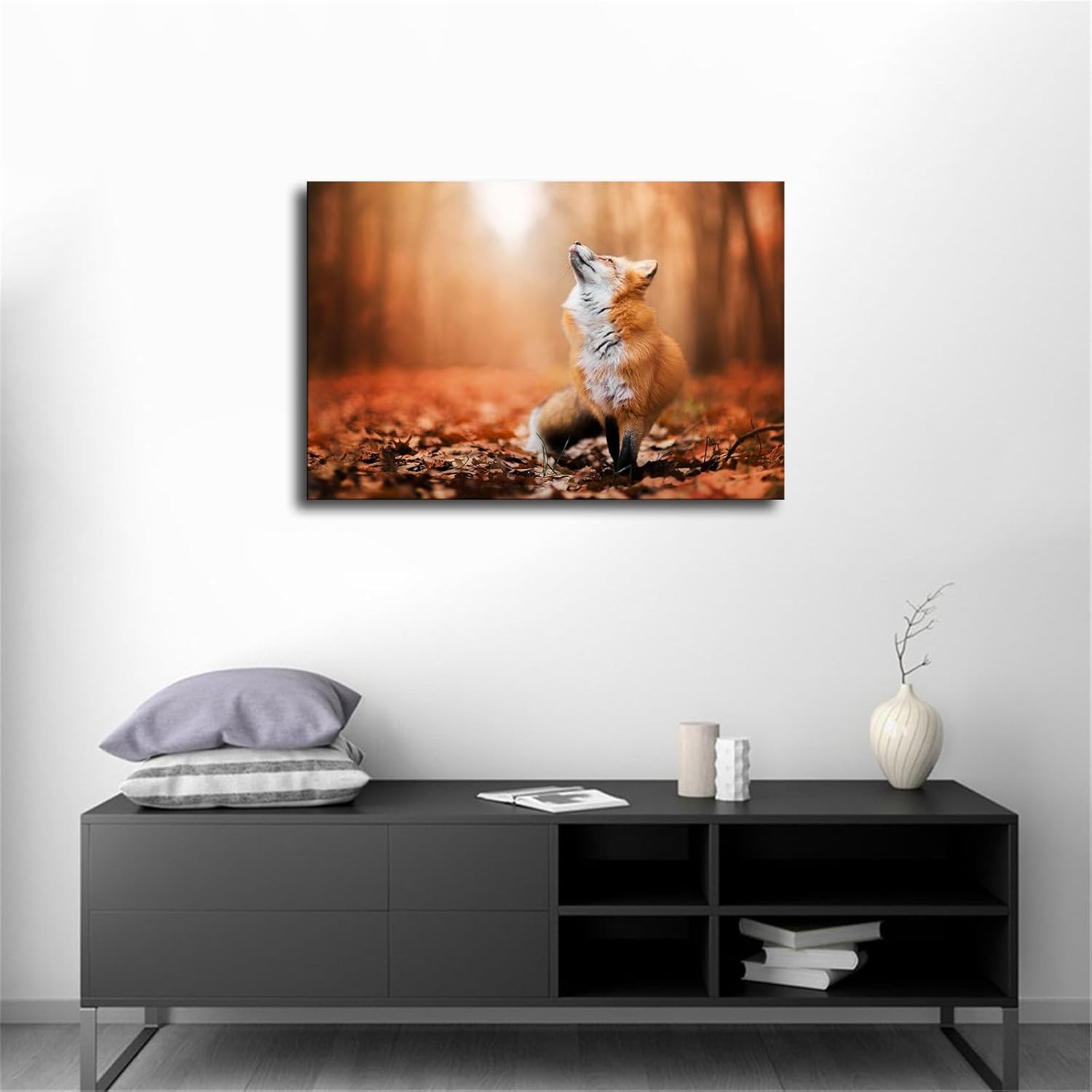 Póster de animales con hojas rojas por todo el suelo, póster estético de zorros rojos que miran hacia arriba, arte de pared, sala de estar,