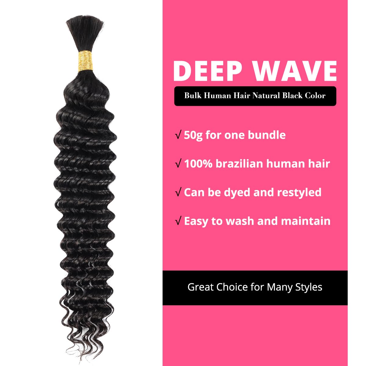 PEEKABOO Extensiones de cabello humano de onda profunda para micro trenzado, a granel, 100% cabello trenzado brasileño sin procesar, un paquete (1