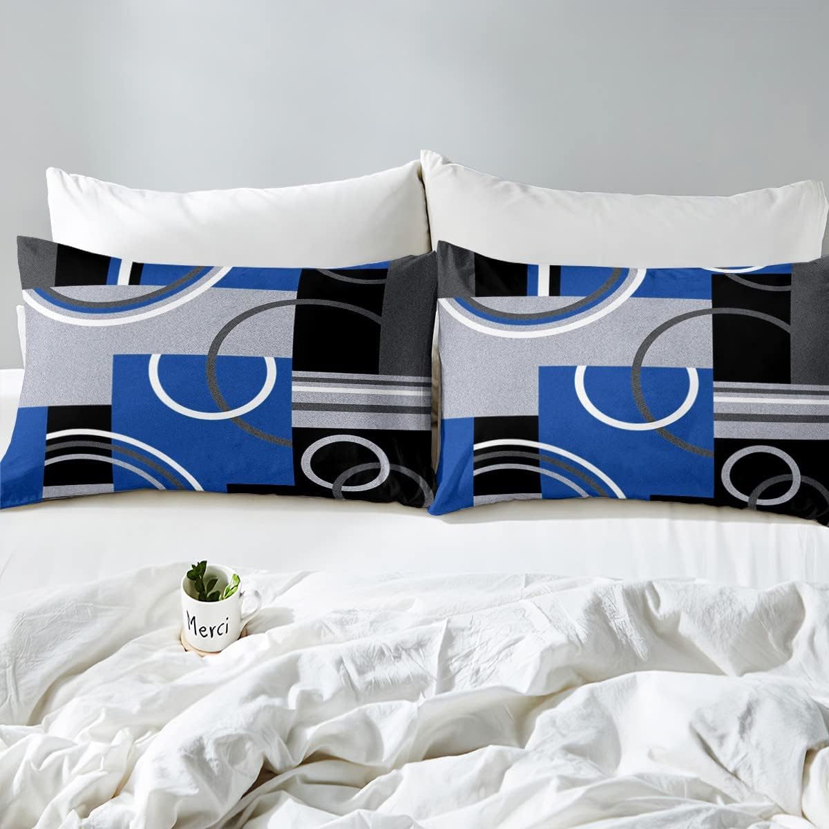 Juego de ropa de cama azul real, negro y gris, juego de edredón de espiral, diseño de rayas abstractas con estampado geométrico a cuadros, edredón