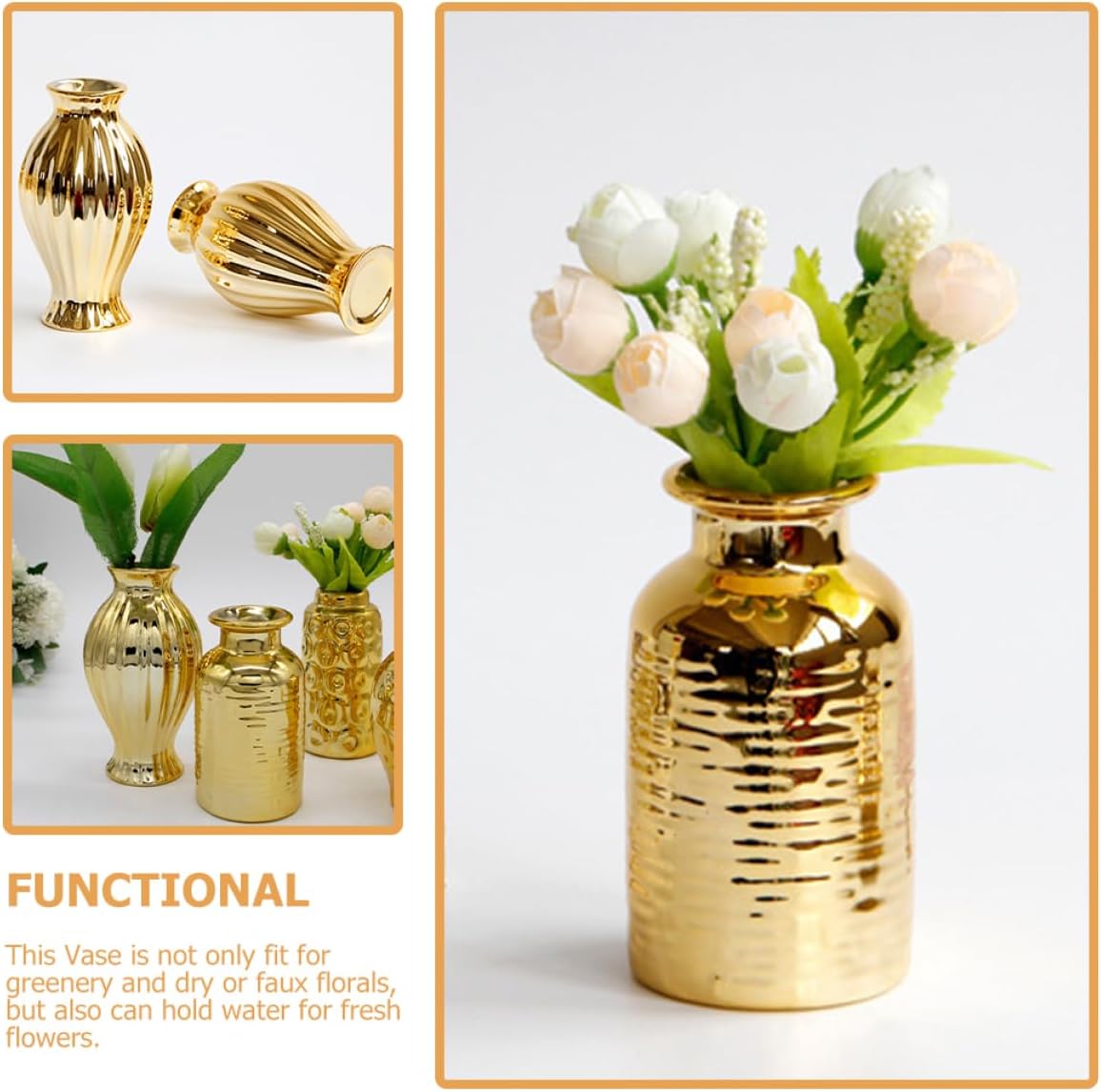 NOLITOY Jarrón pequeño chapado en oro, 10 piezas, jarrón de flores geométricas secas, florero de cristal dorado, jarrón de vidrio dorado, jarrones