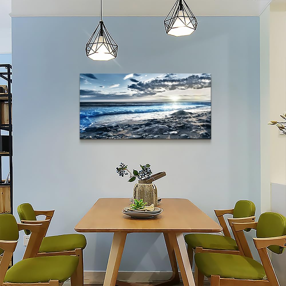Arte de pared para sala de estar, decoración de pared para dormitorio, póster de gran tamaño, azul, playa, sol, océano, paisaje, impresiones, obras