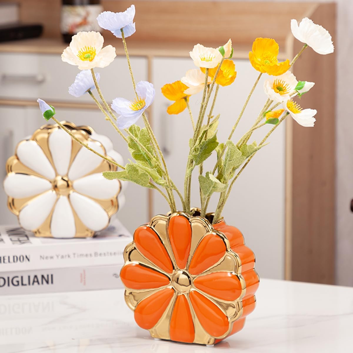 Florero de cerámica naranja y dorado para flores, hierba de pampas, jarrón único y elegante en forma de flor para decoración de estantes, jarrón