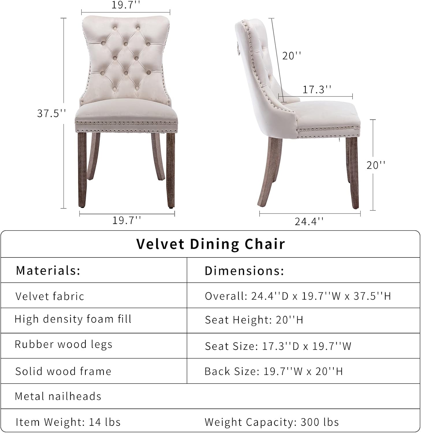 Juego de 2 sillas de comedor de terciopelo beige, juego de 2, sillas de comedor copetudas, sillas de comedor tapizadas de terciopelo, marco de