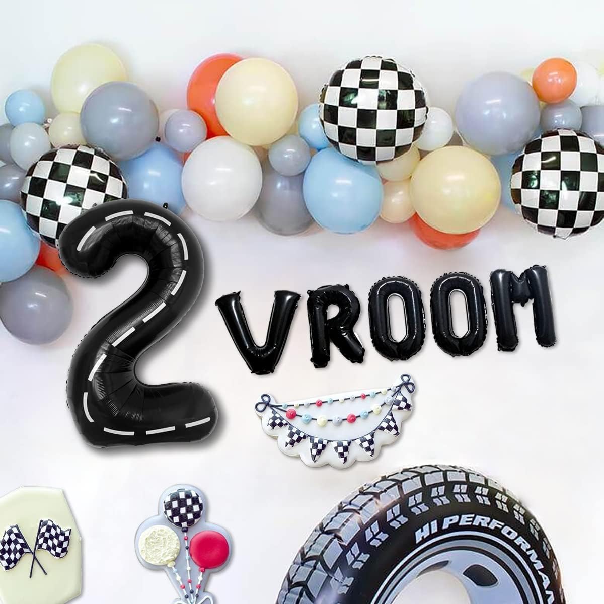 VROOM – Kit de 70 globos temáticos de carreras para niños, fiesta de cumpleaños, arco de globos azules y amarillos para niños y niñas, fiesta de 3