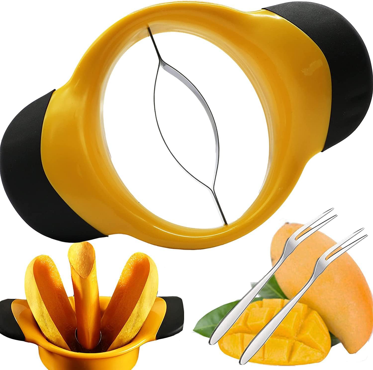 Cortador de mango resistente, pelador y herramienta removedor de hoyos, divisor de mango, cortador de frutas, divisor de mango con mango ergonómico