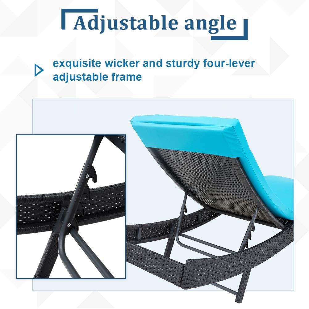 SOLAURA Tumbona de patio para exteriores ajustable, silla reclinable de mimbre negra para todo tipo de clima y sofá con cojín grueso azul y cama