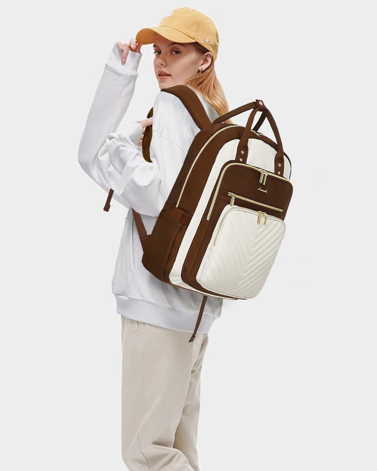 LOVEVOOK Mochila para laptop para mujer, mochila de trabajo de moda con puerto USB, mochilas impermeables para el trabajo., Marrón -beige, Moda