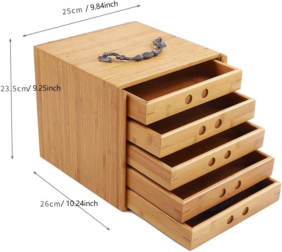 Caja de té de bambú natural de 5 capas, organizadores de té de madera y almacenamiento, gran baúl de té de madera con cajón deslizante para té Pu’er
