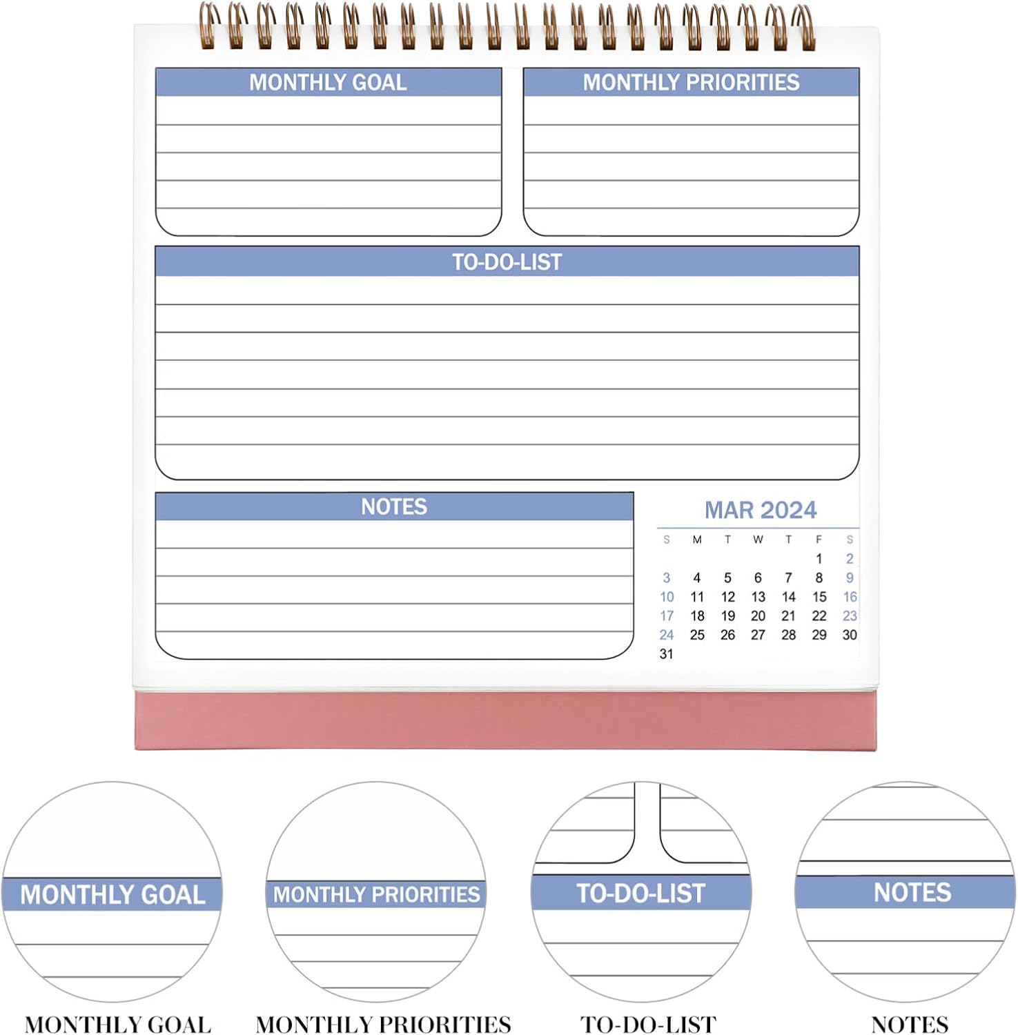 NUOBESTY Calendario de escritorio 2024-2025 de pie, calendario de escritorio, calendario de papel, calendario diario, páginas mensuales, calendario
