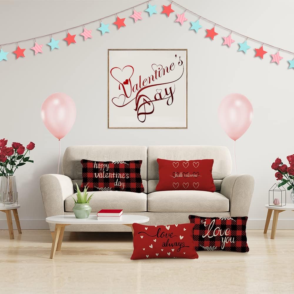 Juego de 4 fundas de almohada para el Día de San Valentín de 12 x 20 pulgadas, fundas de almohada con diseño de corazón rojo y amor para el hogar,