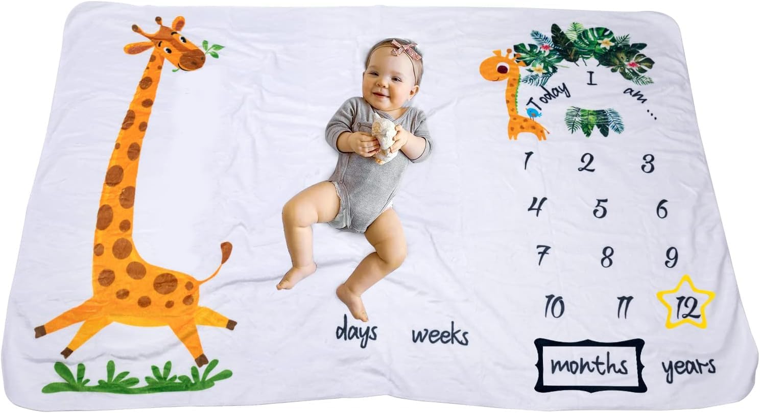Manta de hitos para recién nacidos, manta de jirafas de 60 x 40 pulgadas, para regalos de baby shower, calendario de primer año, tabla de crecimiento