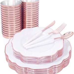 bUCLA 280 platos de plástico de oro blanco y rosa con cubiertos de plástico de oro rosa y vasos de plástico desechables y copas de champán de bUCLA 280 platos de plástico de oro blanco y rosa con cubiertos de plástico de oro rosa y vasos de plástico desechables y copas de champán de