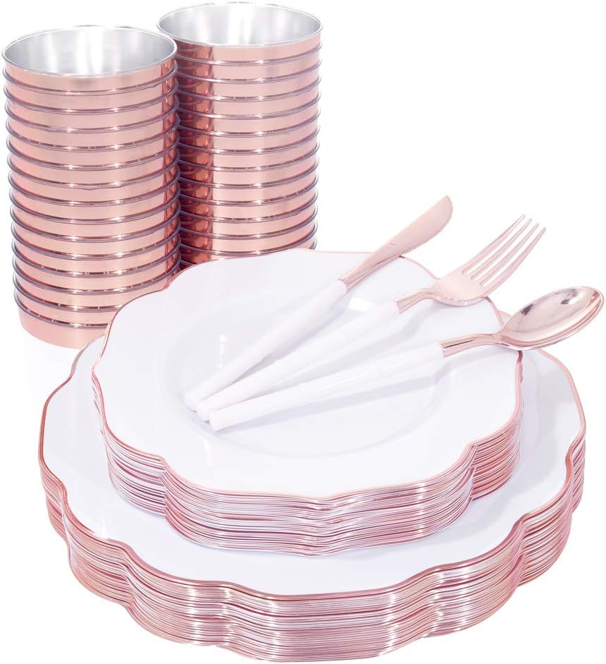 bUCLA 280 platos de plástico de oro blanco y rosa con cubiertos de plástico de oro rosa y vasos de plástico desechables y copas de champán de